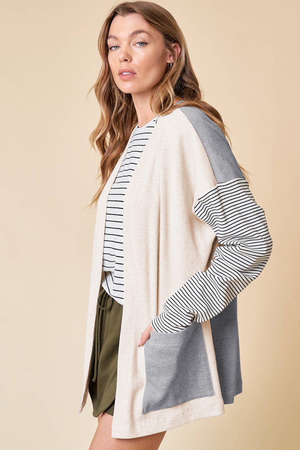 Colourblock Patchwork Open Front Cardigan With Pocket | Black Stripe