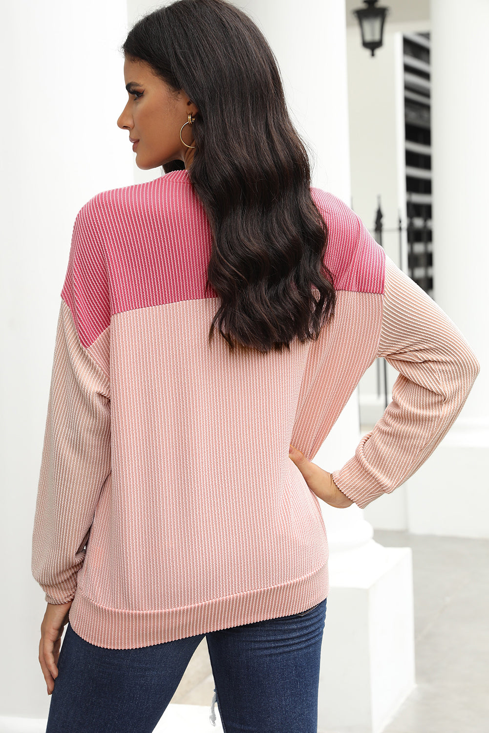 Colour Block Long Sleeve Ribbed Loose Top | Pink