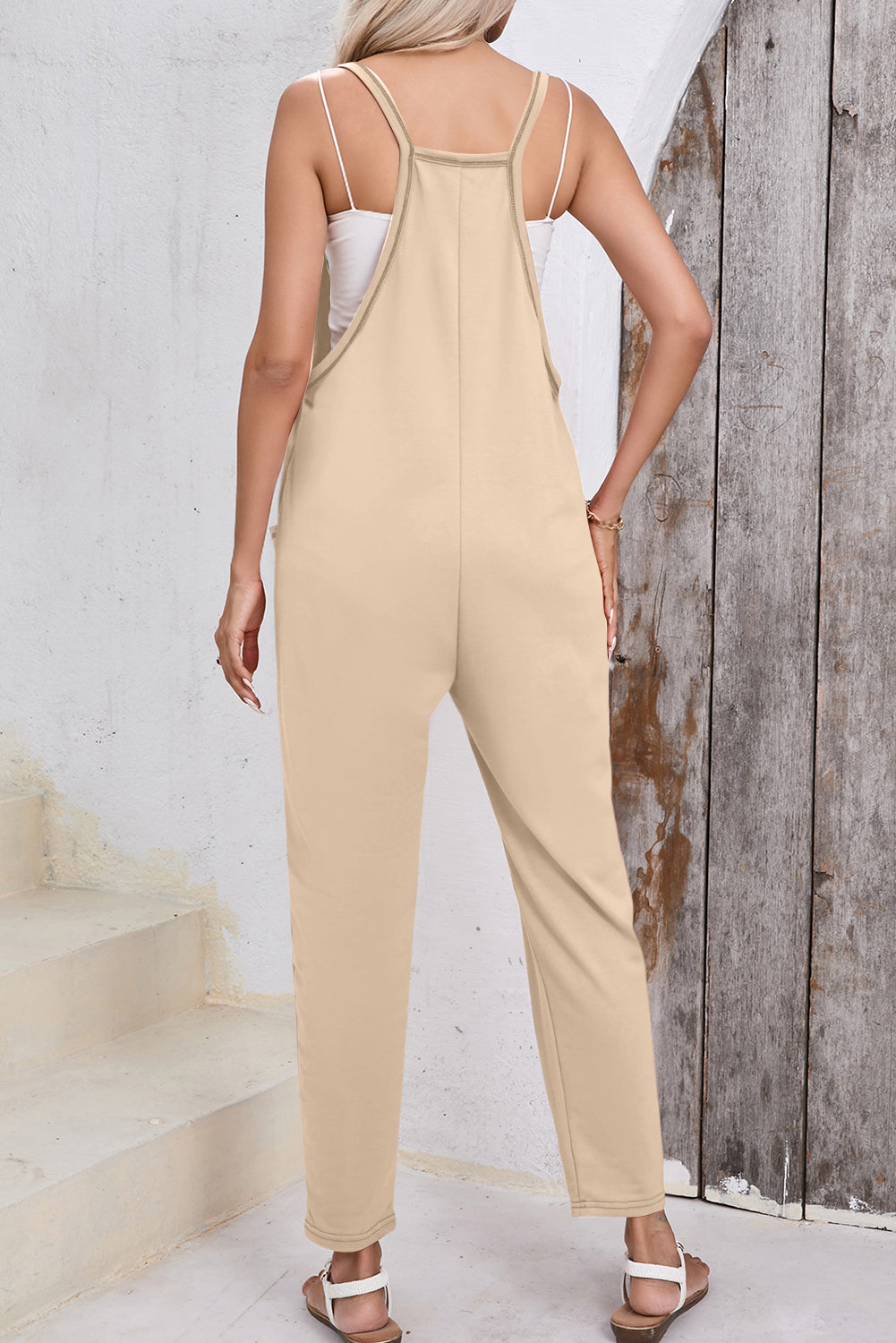 Side Pockets Harem Pants Sleeveless V Neck Jumpsuit | Apricot