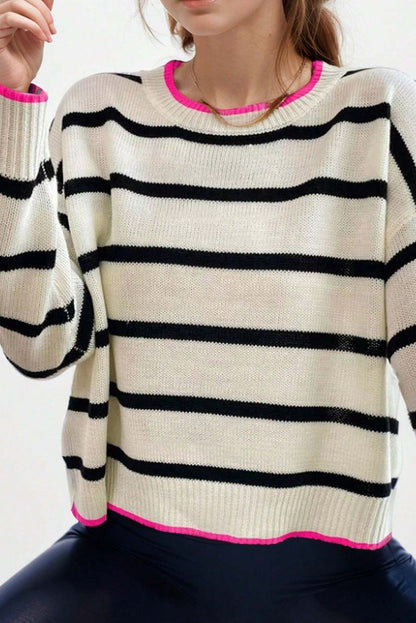 Colour Contrast Drop Shoulder Crew Neck Sweater | White Stripe