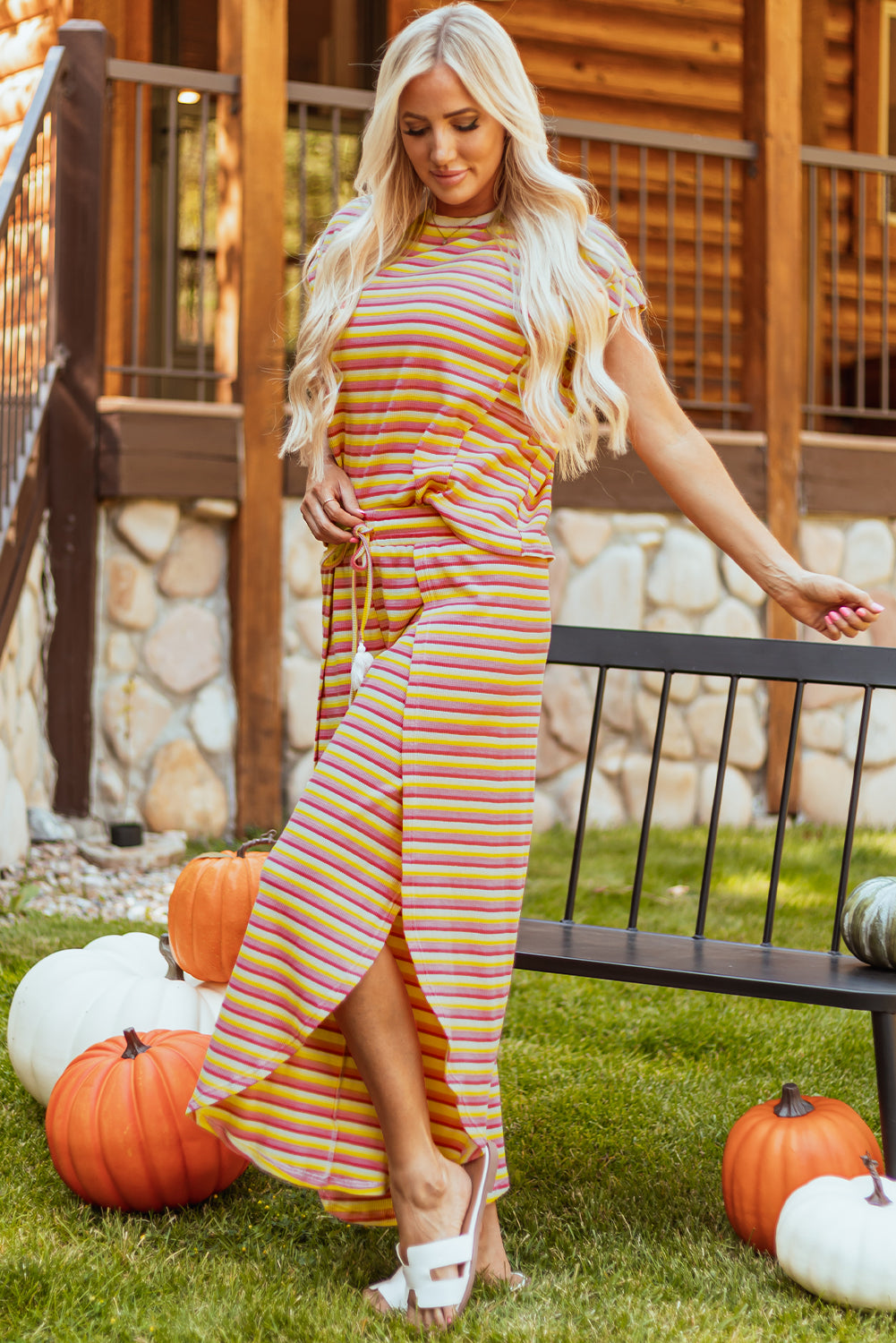 Rainbow Tee Tasseled String Wide Leg Pants Set | Yellow Stripe