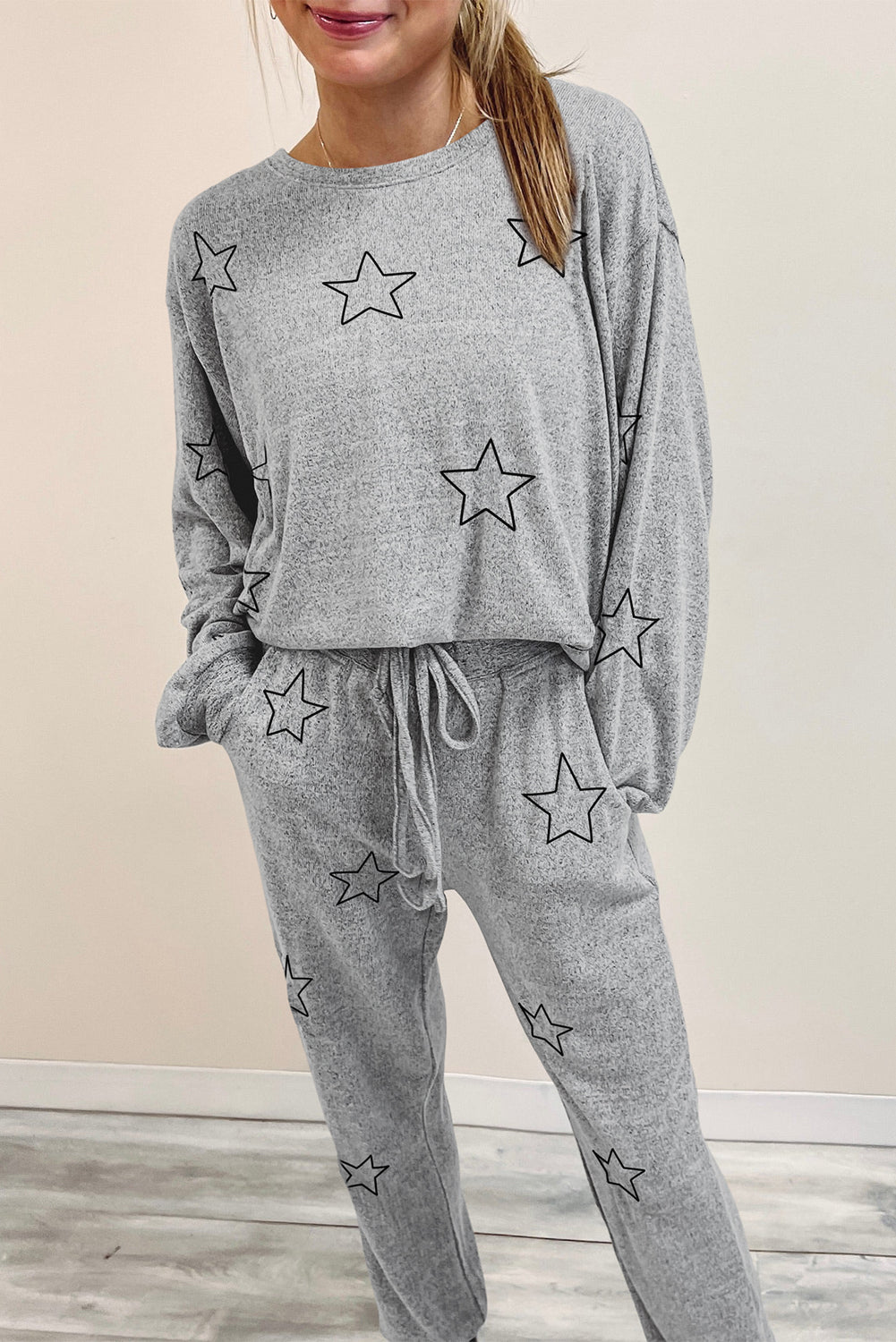 Stars Print Long Sleeve Drawstring High Waist Lounge Set | Gray