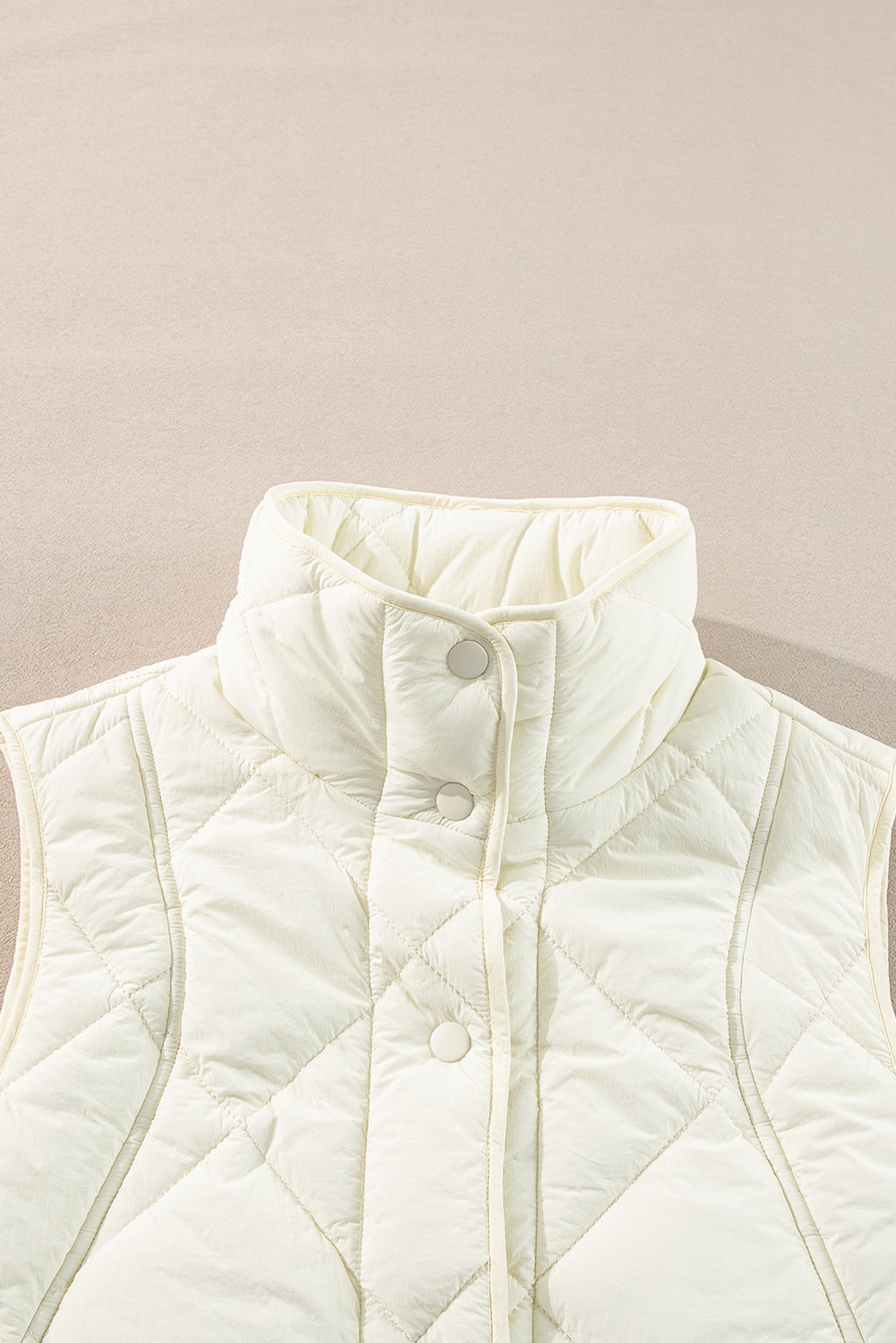 Quilted High Neck Button Up Pocket Vest Coat | Beige