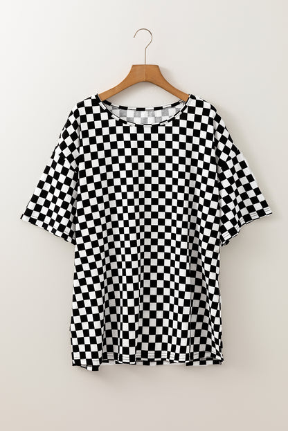 Checkered Print Side Slits O Neck Plus Size T Shirt | Black