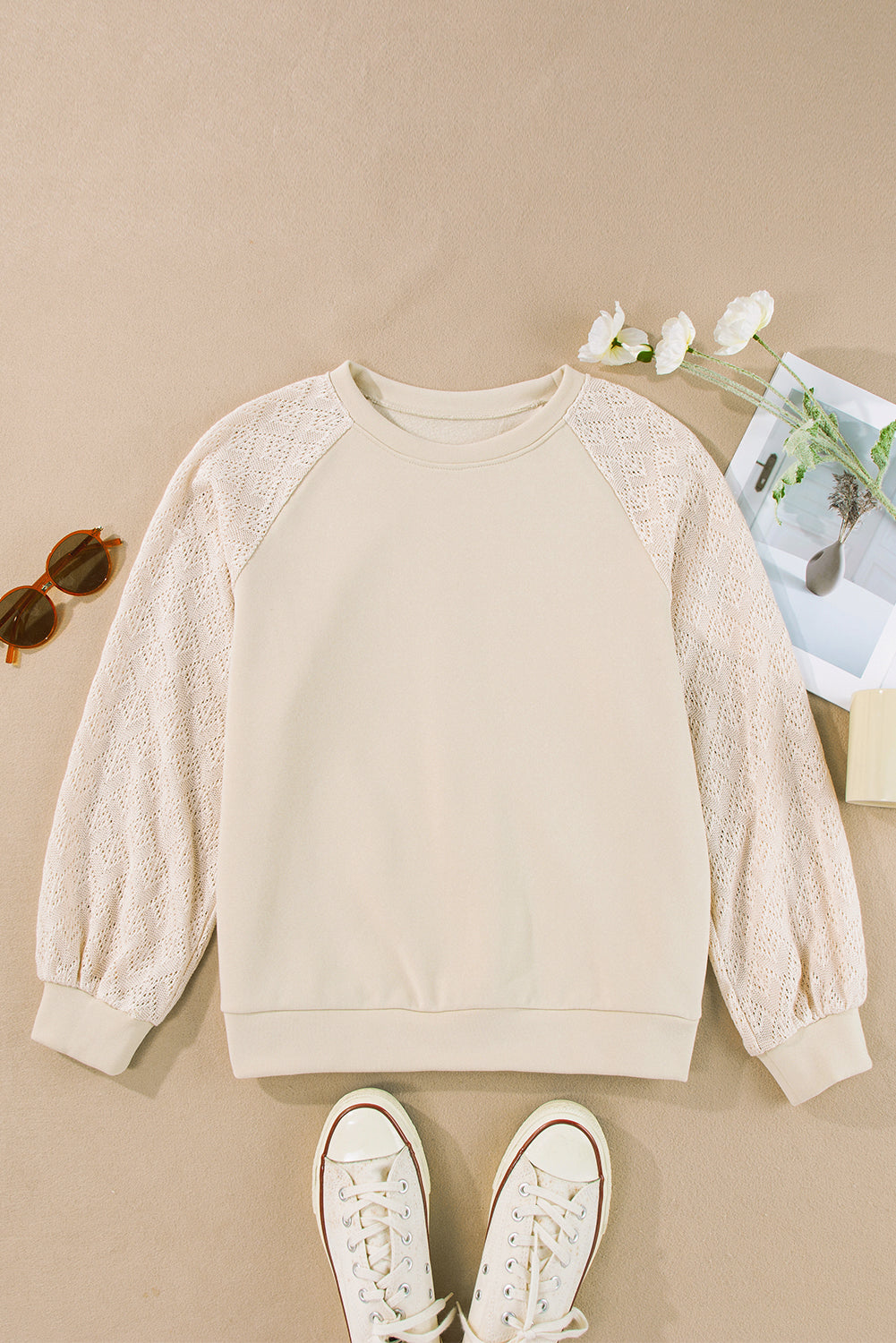 Eyelet Knit Patchwork Raglan Sleeve Pullover Top | Parchment