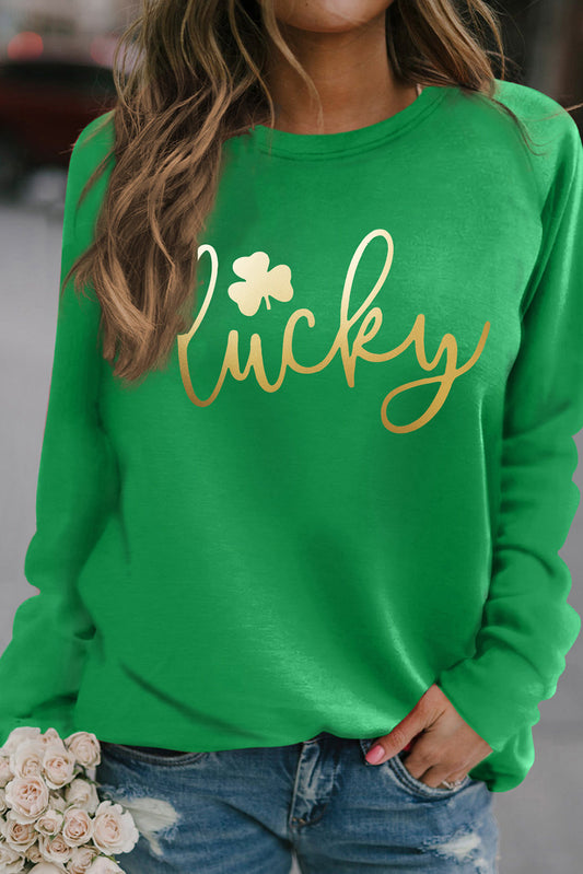 Green Lucky Glitter Graphic Raglan Sleeve Pullover Sweatshirt