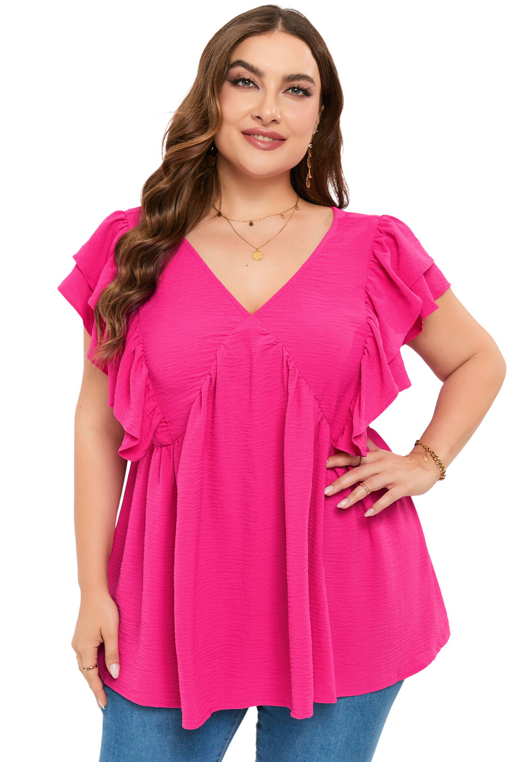 Plus Size Ruffle V Neck Tie Back Tunic Top | Pink