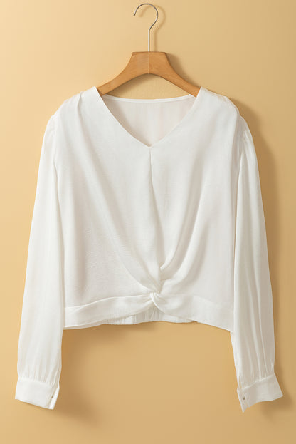 Twisted Elastic Hem V Neck Crop Blouse | White