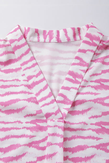 Zebra Pattern V Neck Short Sleeve Blouse | Rose