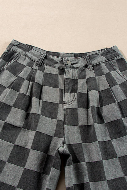 Checkered Denim Wide Leg Jeans | Dark Grey