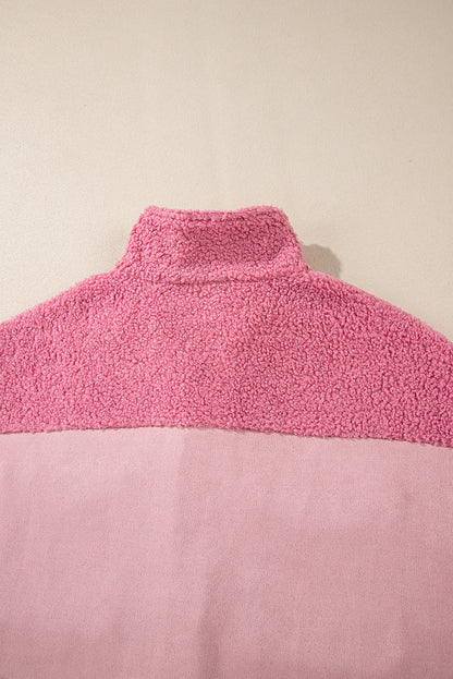 Colourblock Buttoned Flap Pocket Sherpa Shacket | Pink