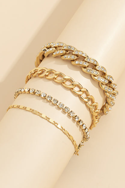 4Pcs Rhinestone Decor Adjustable Chain Plated Bracelet Set | Gold