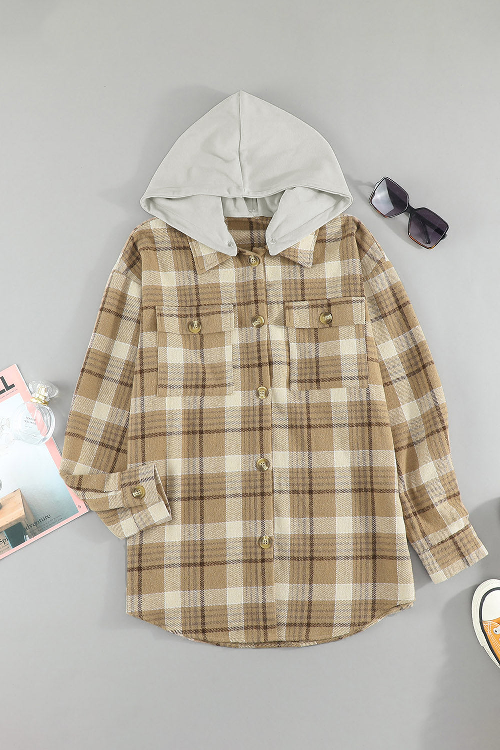 Plaid Shirt Hooded Jacket | Khaki