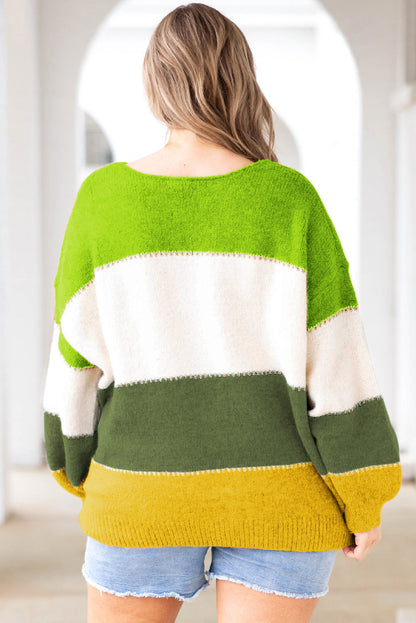 Plus Size Colour Block Patchwork Sweater | Green