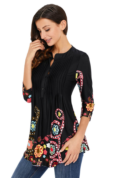 Floral Notch Neck Pin-Tuck Tunic | Black