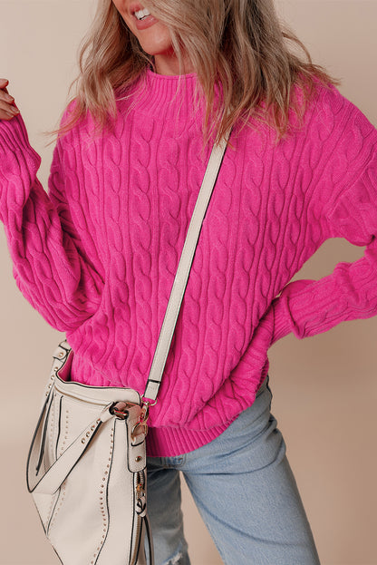 Solid Cable Knit High Neck Drop Shoulder Sweater | Rose Red