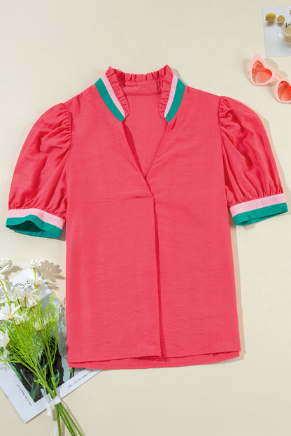 Colourful Trim V Neck Short Sleeve Blouse | Carrot