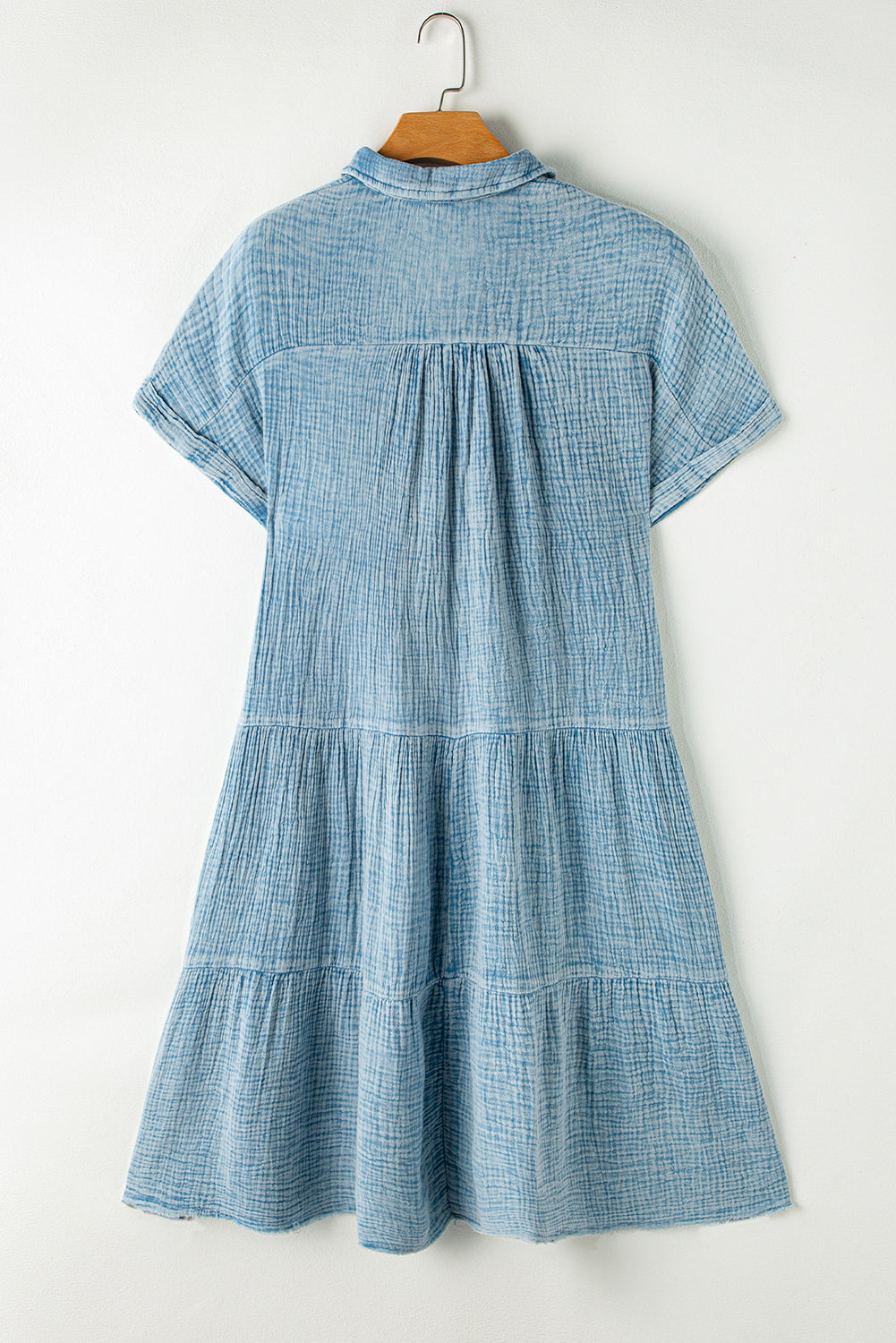 Mineral Wash Crinkle Split Neck Raw Hem Tiered Dress | Beau Blue