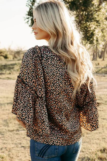 Leopard Print Ruffle Wide Sleeve Blouse | Chestnut