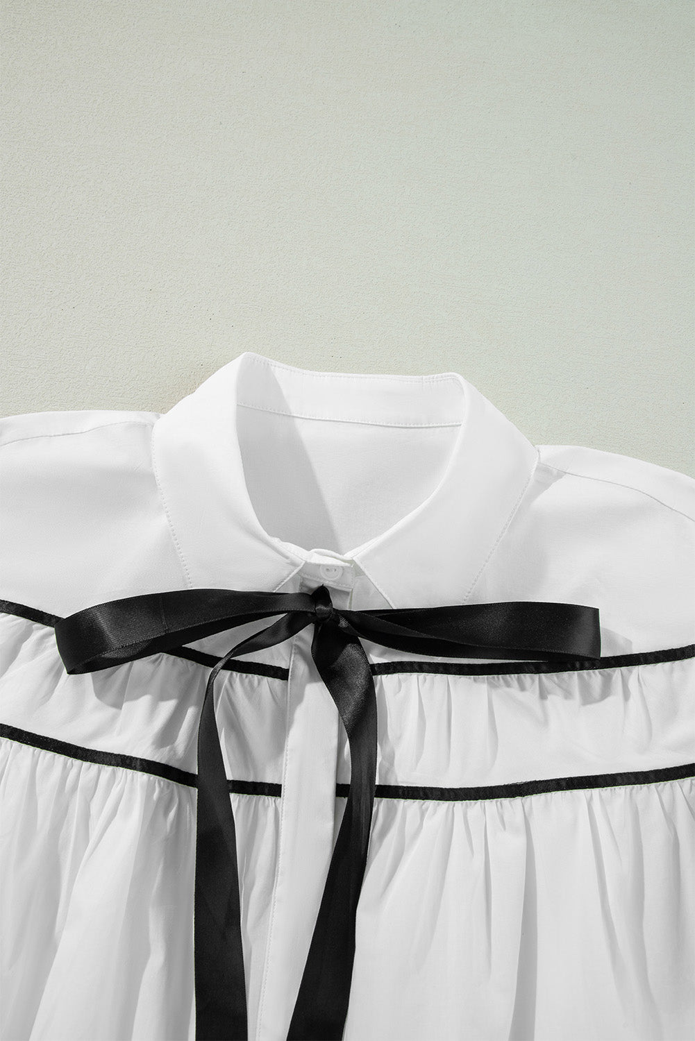 Black Pipping Ribbon Bowtie Collared Ruffled Puff Sleeve Shirt | White