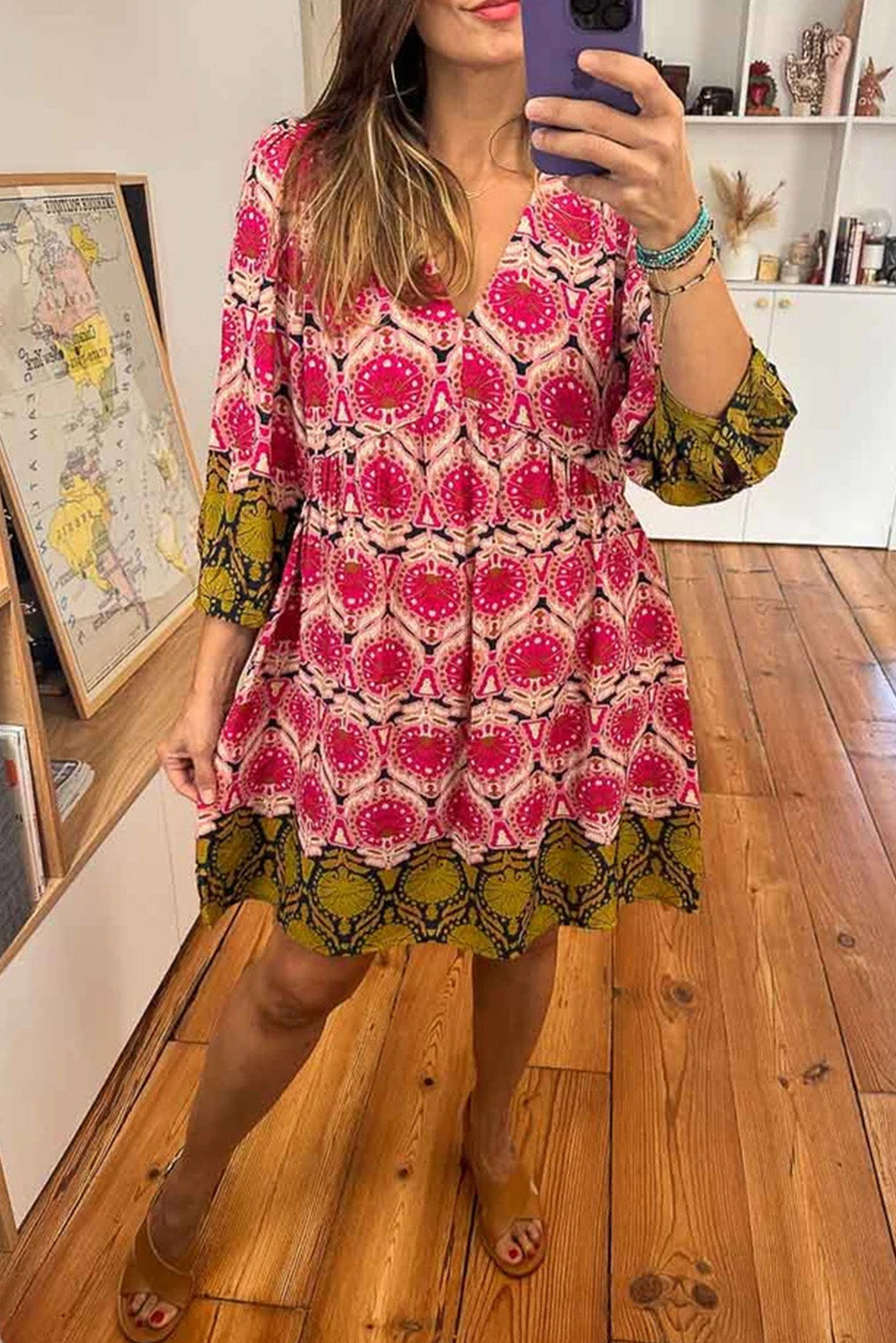 Retro Printed V Neck Bracelet Sleeve Dress | Strawberry Pink