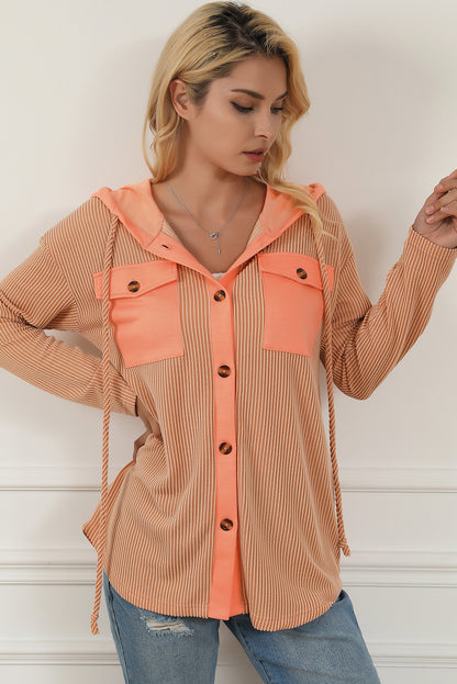 Flap Pockets Patchwork Hooded Ribbed Shacket | Apricot