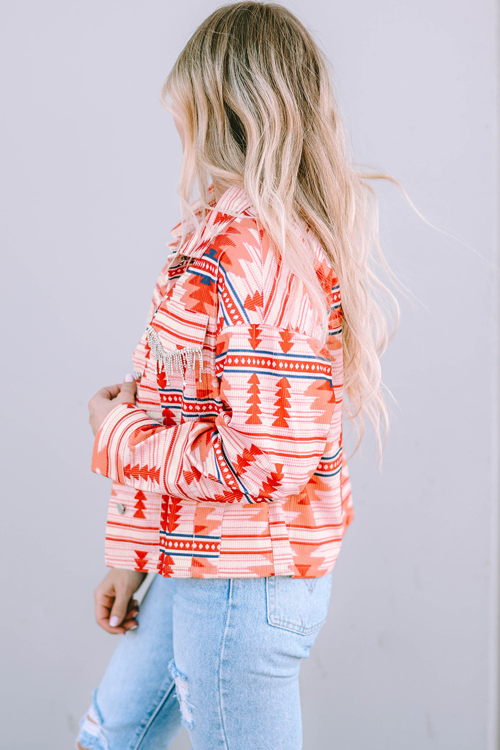 Fiery  Western Aztec Print Corduroy Jacket | Red