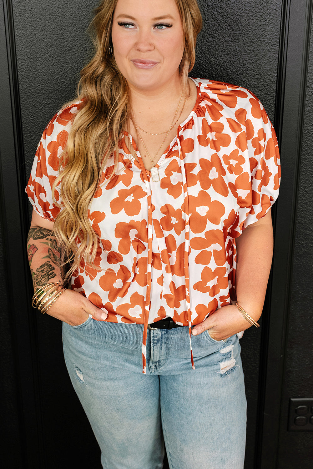 Plus Size Floral Print Drawstring V Neck Short Sleeve Blouse | Orange