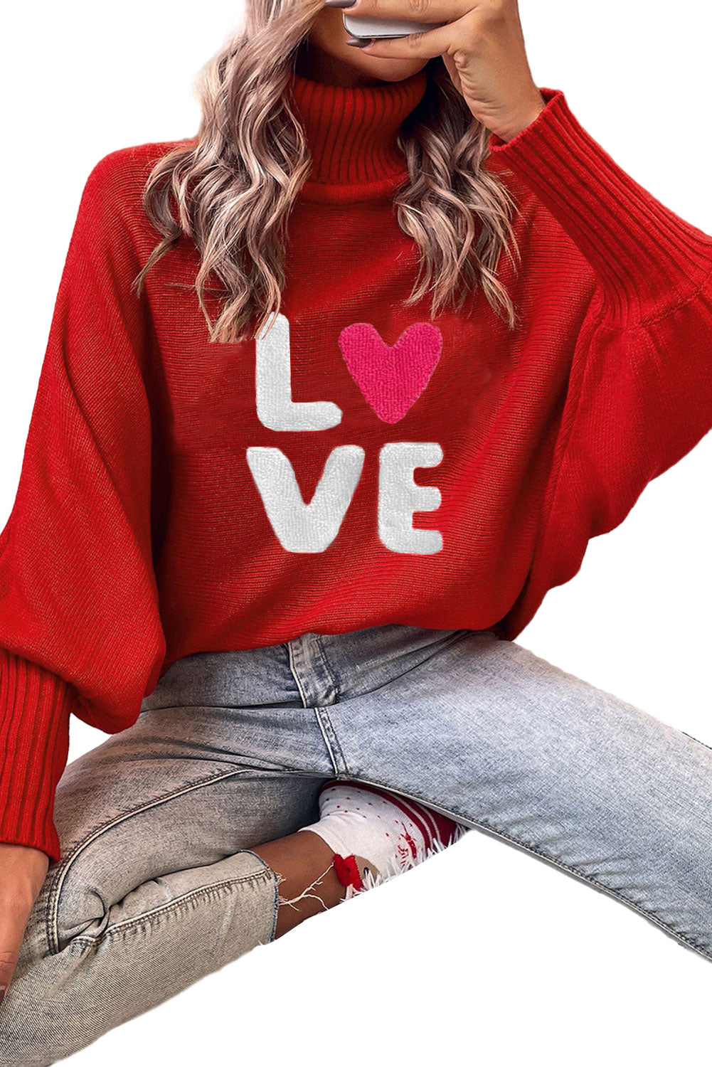 Valentine Love Letter Embroidered High Neck Sweater | Racing Red