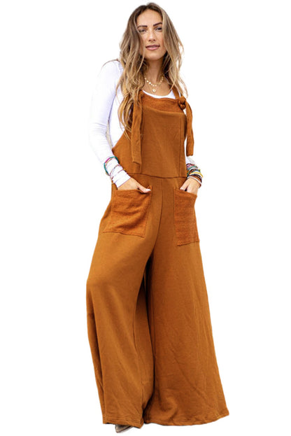 Knotted Straps Patch Pocket Wide Leg Jumpsuit | Brown