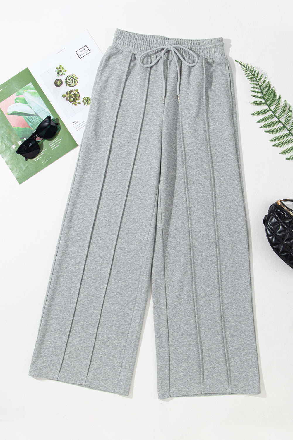 Seamed Drawstring High Waist Wide Leg Sweatpants | Gray