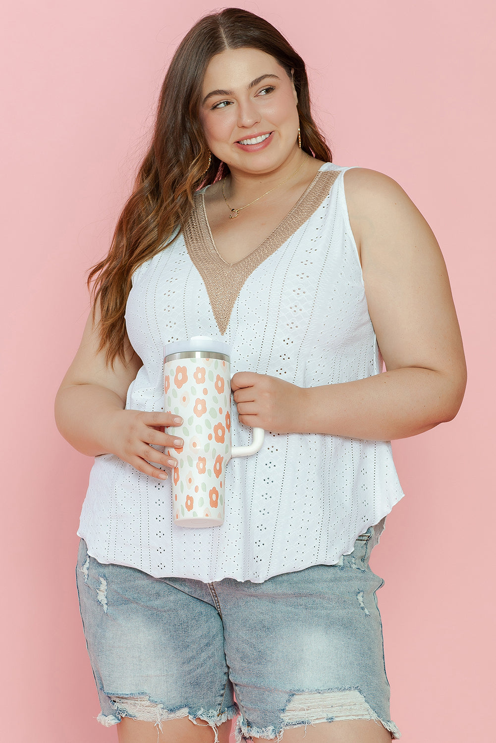 Plus Size Guipure V Neck Eyelet Lace Tank Top | White