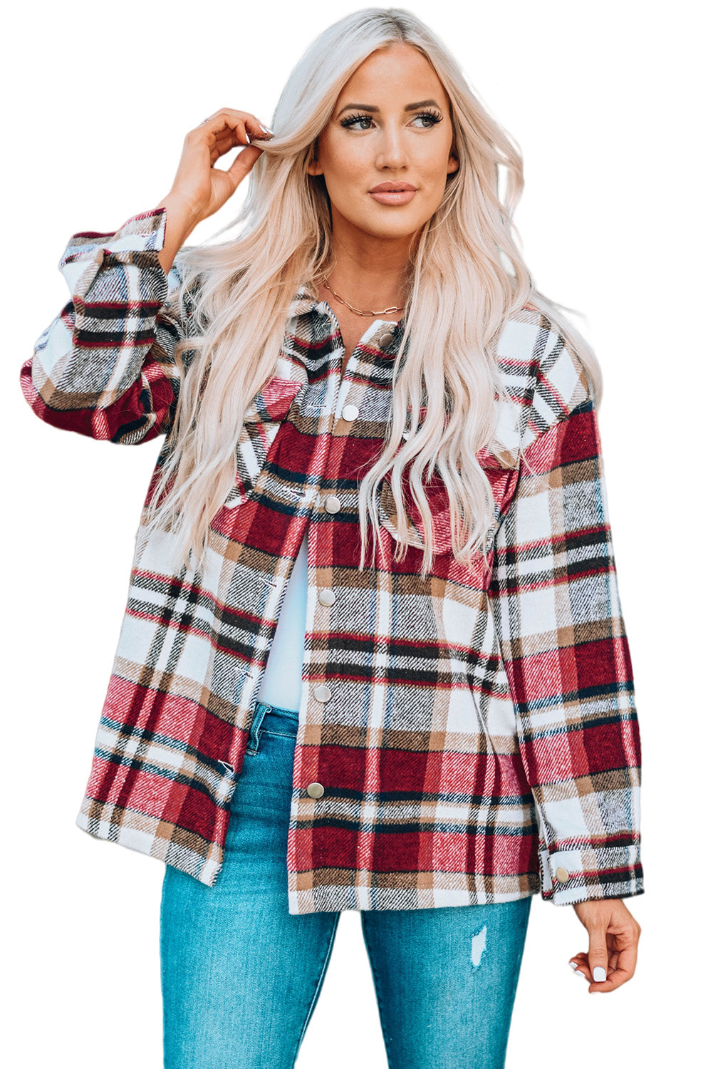 Fiery  Geometric Plaid Print Pocketed Shacket | Red