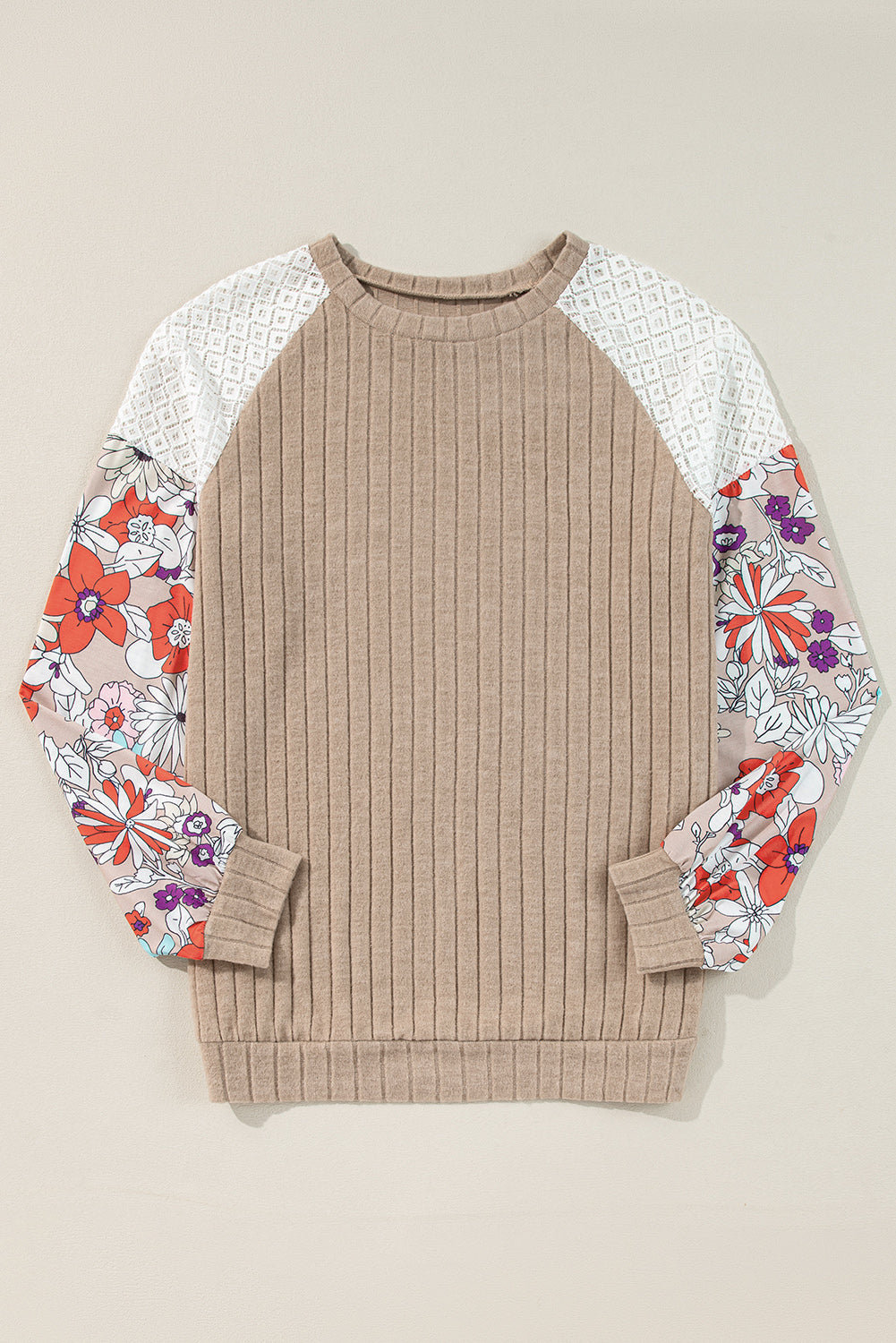 Floral Patchwork Long Sleeve Ribbed Blouse | Parchment