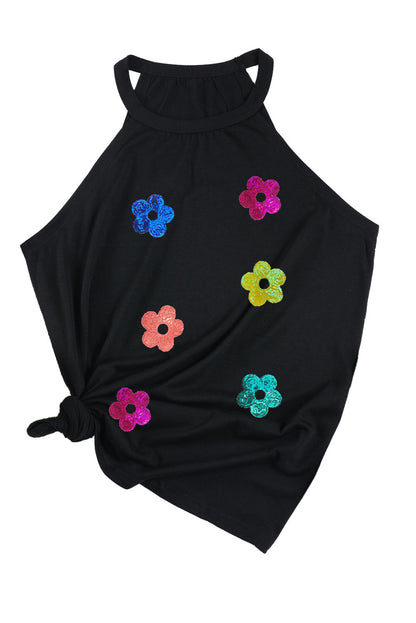 Sequin Flower Slim Fit Crewneck Tank Top | Black