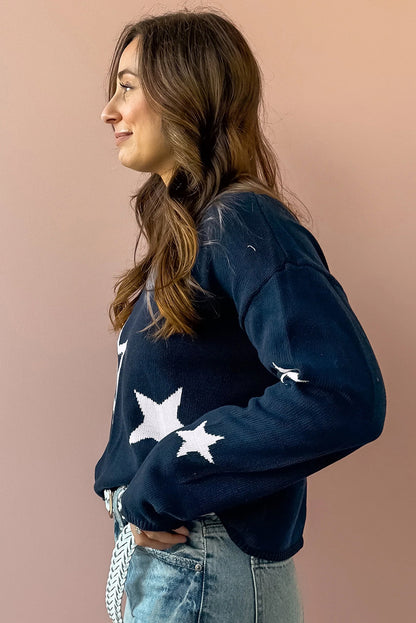 Star Pattern Drop Shoulder Knitted Sweater | Sail Blue