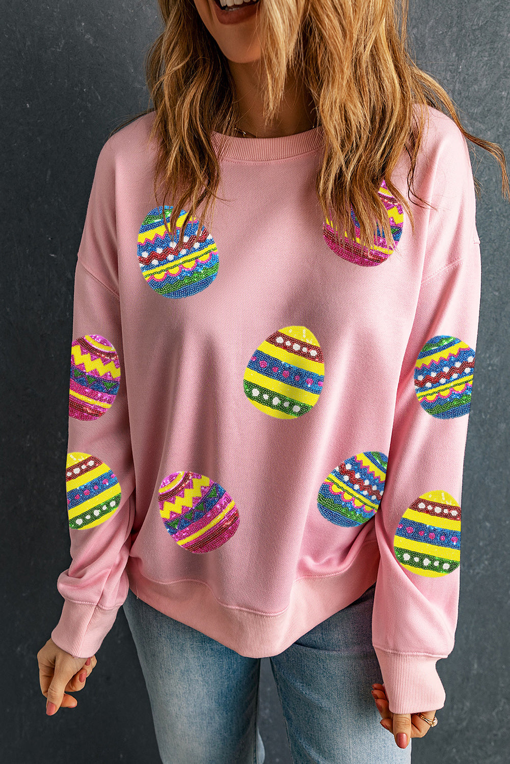 Easter Egg Sequin Patched Crew Neck Sweatshirt | Pink