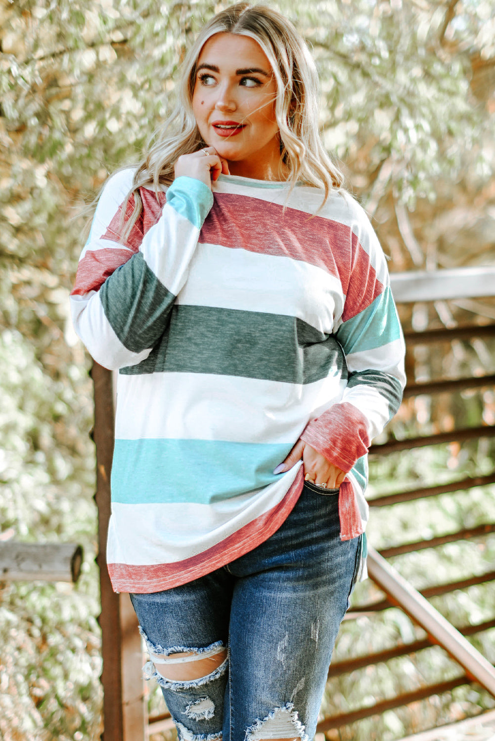 Plus Size Colourblock Pullover Top | Green