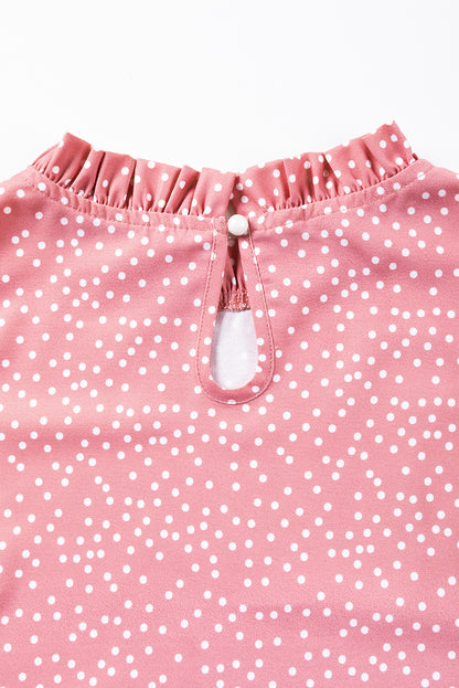 Polka Dots Ruffle Flutter Sleeve Frilled Neck Blouse | Pink