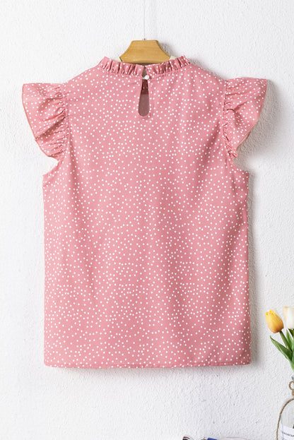 Polka Dots Ruffle Flutter Sleeve Frilled Neck Blouse | Pink