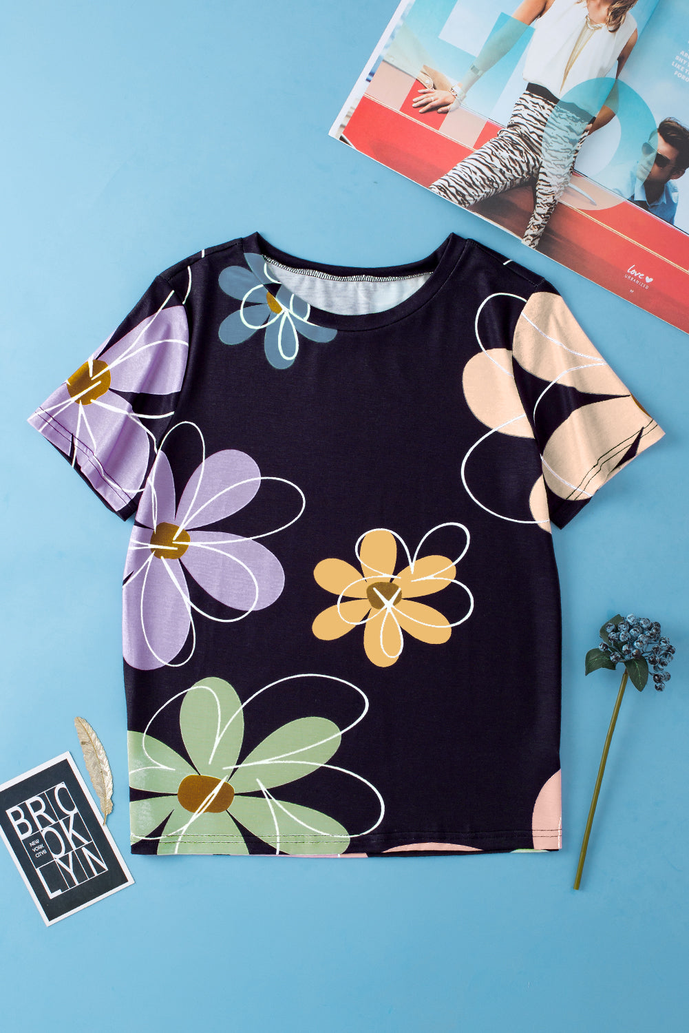 Summer Flower Print Casual Round Neck T Shirt | Black