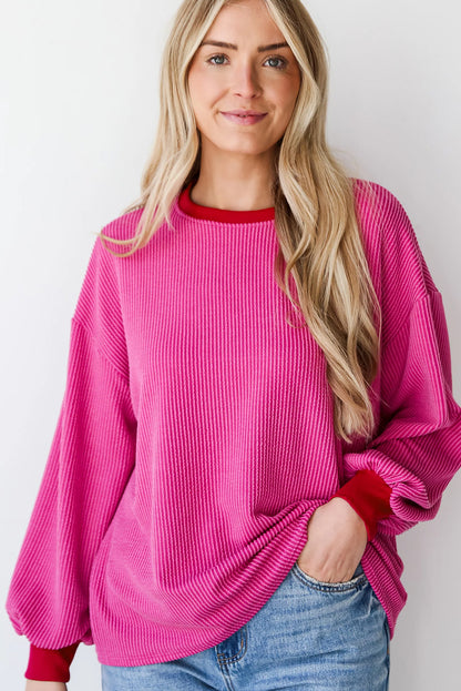 Corded Contrast Edge Drop Shoulder Long Sleeve Top | Bright Pink