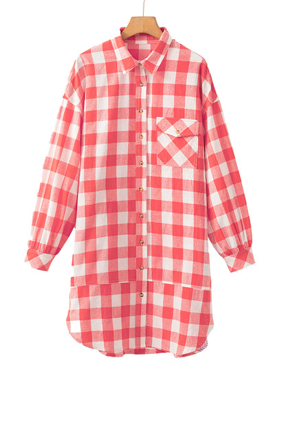 Oversized Plaid Puff Sleeve Round Hem Shirt Dress | Pink