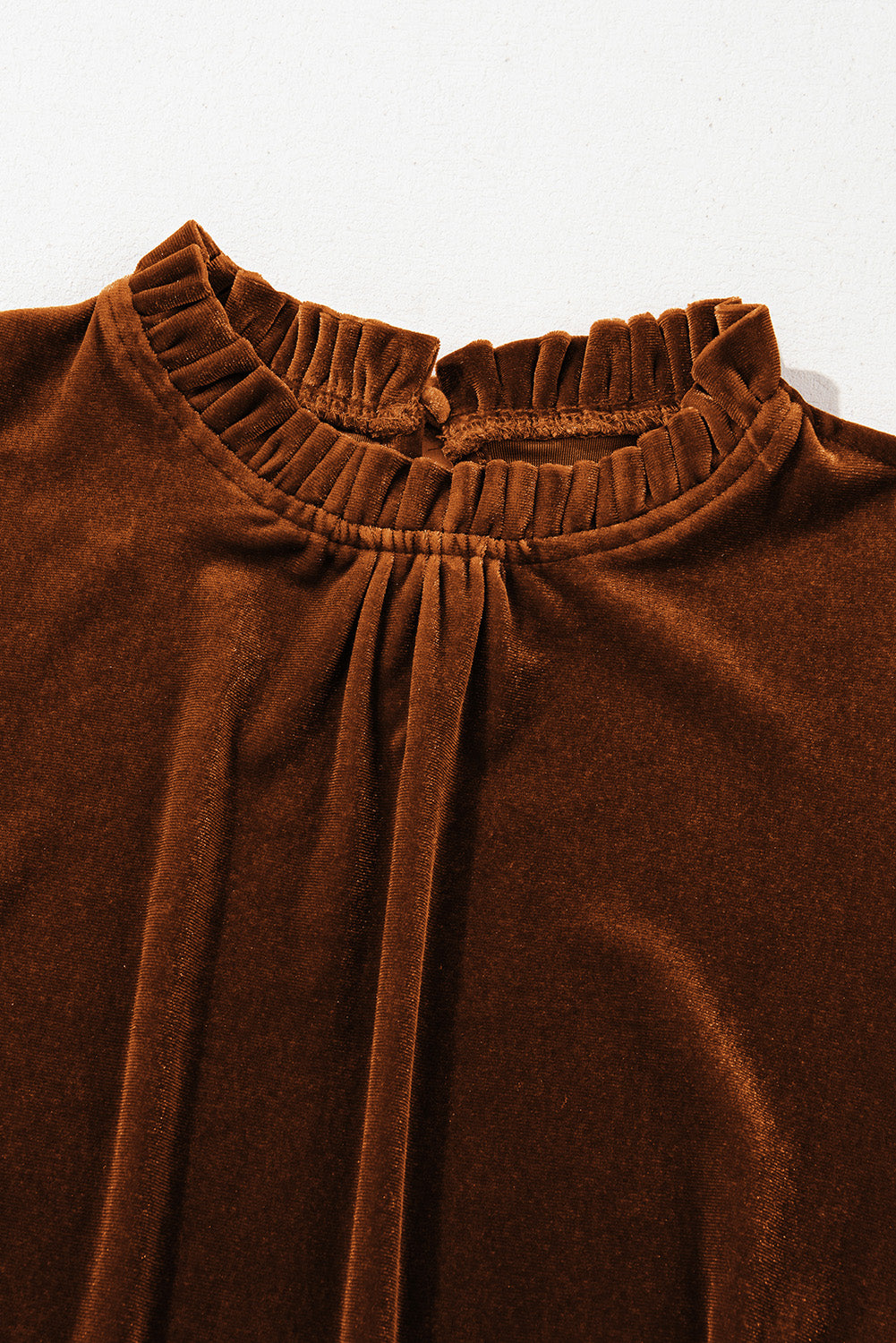 Frilled Collar Puff Sleeve Velvet Top | Chestnut