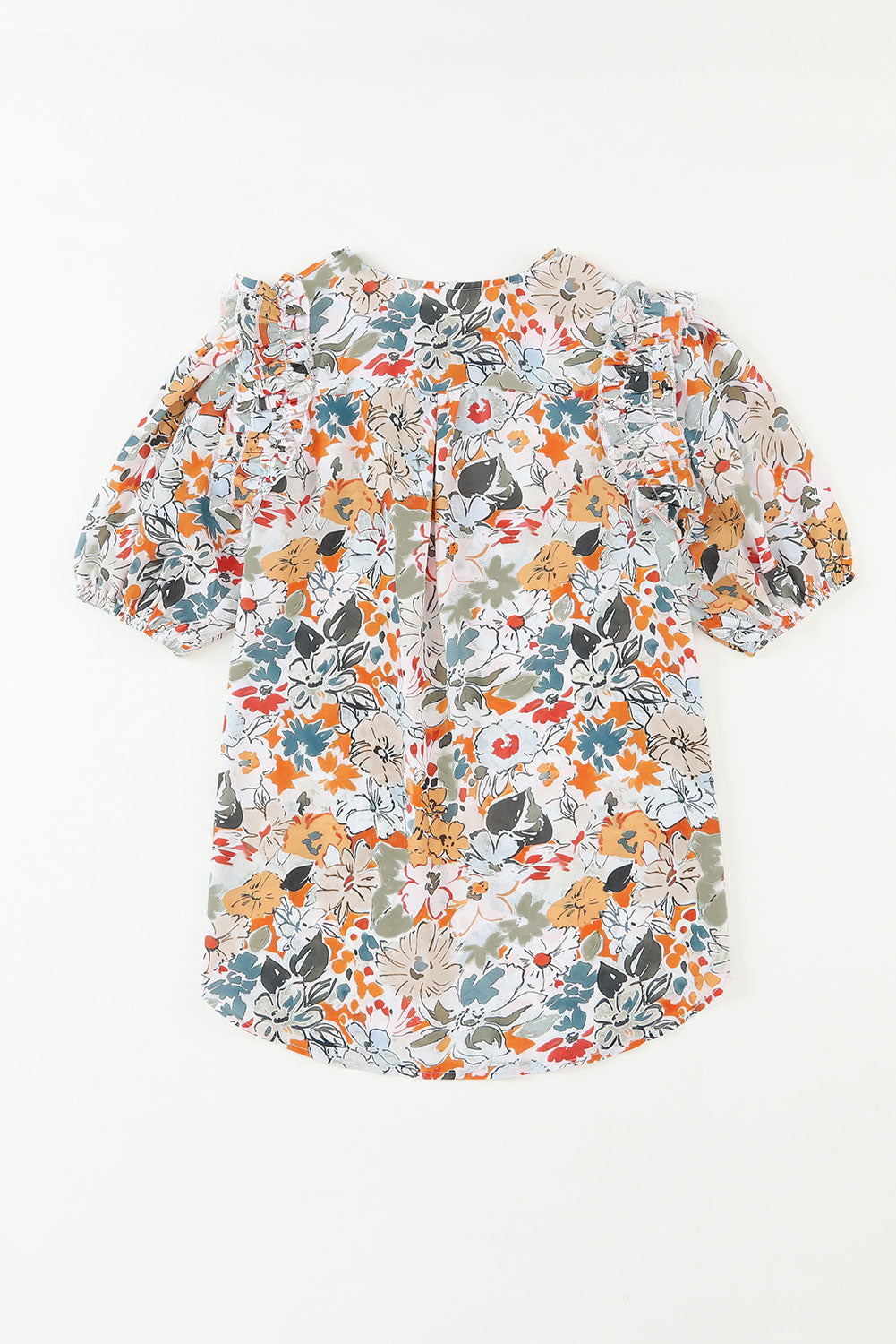 Split V Neck Puff Sleeve Flower Print Blouse | Multicolour