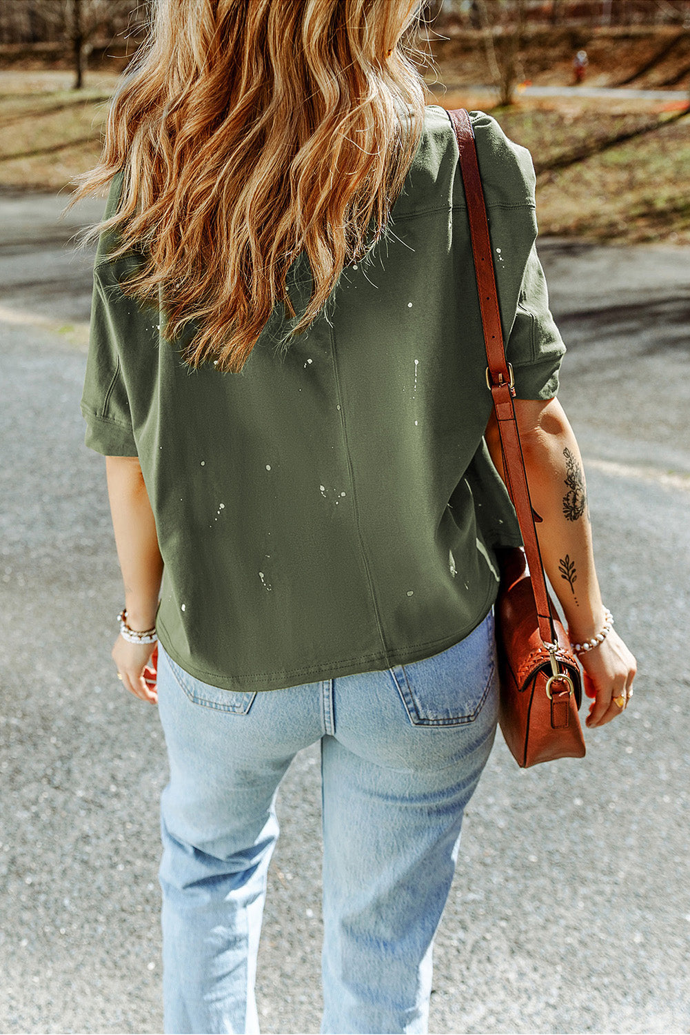 Distressed Bleached Asymmetric Hem Short Sleeve Top | Green