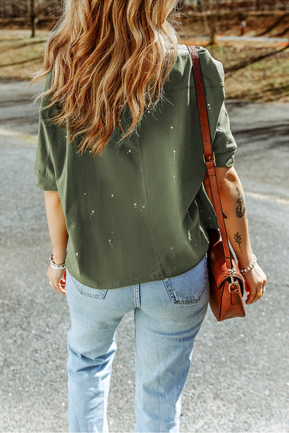 Distressed Bleached Asymmetric Hem Short Sleeve Top | Green