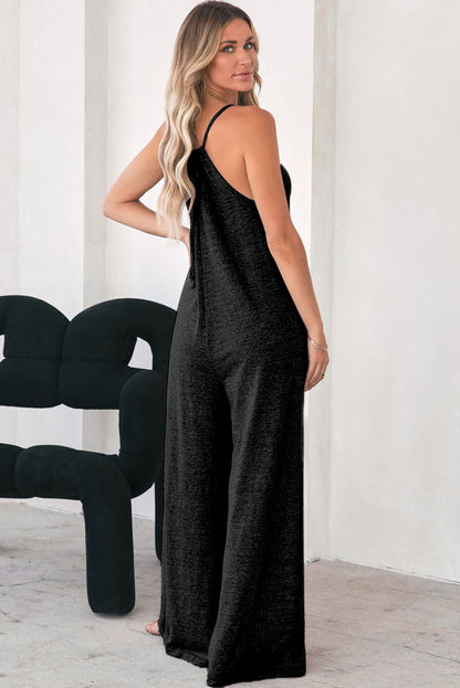 Patch Pockets Spaghetti Strap Wide Leg Jumpsuit | Black