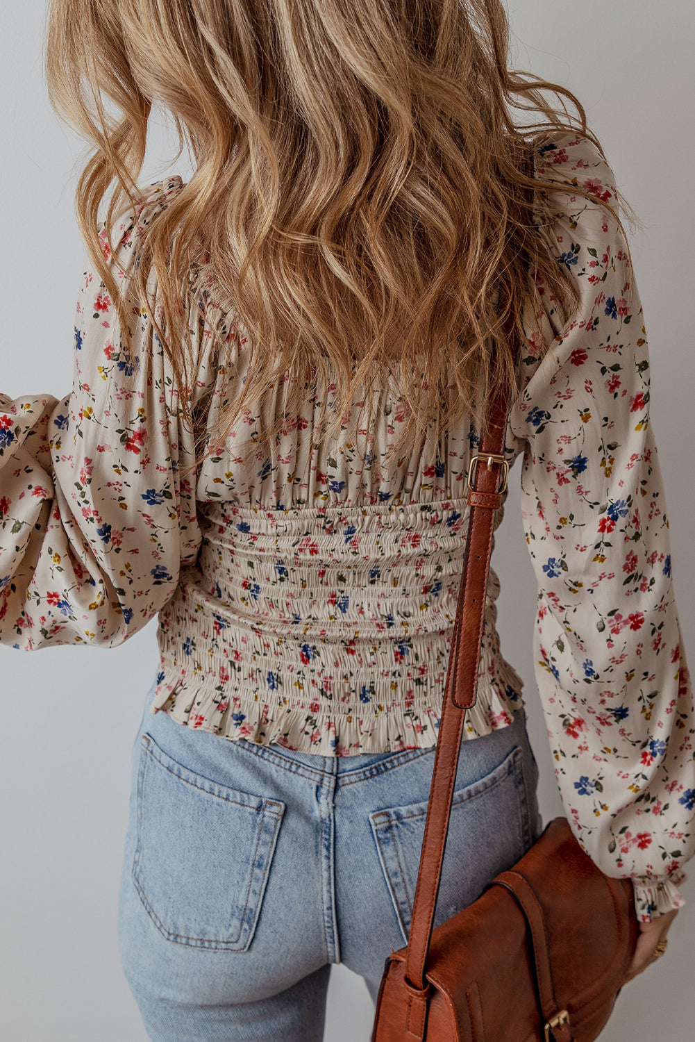 Boho Floral Print Smocked Waist V Neck Blouse | Beige