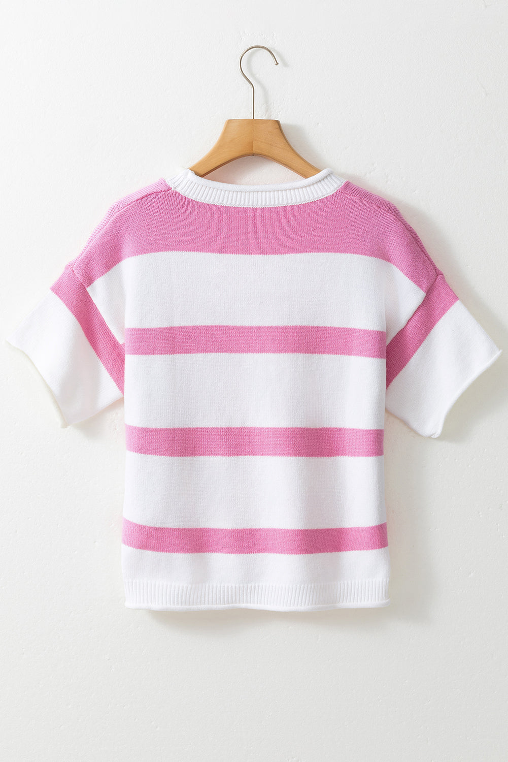 Dropped Short Sleeve Lightweight Knitted Top | Pink Stripe